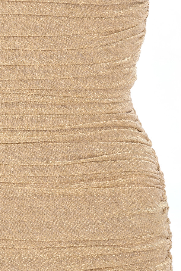 Clothing : Bodycon Dresses : 'Ella' Metallic Gold Ruched Organza Mesh Mini  Dress