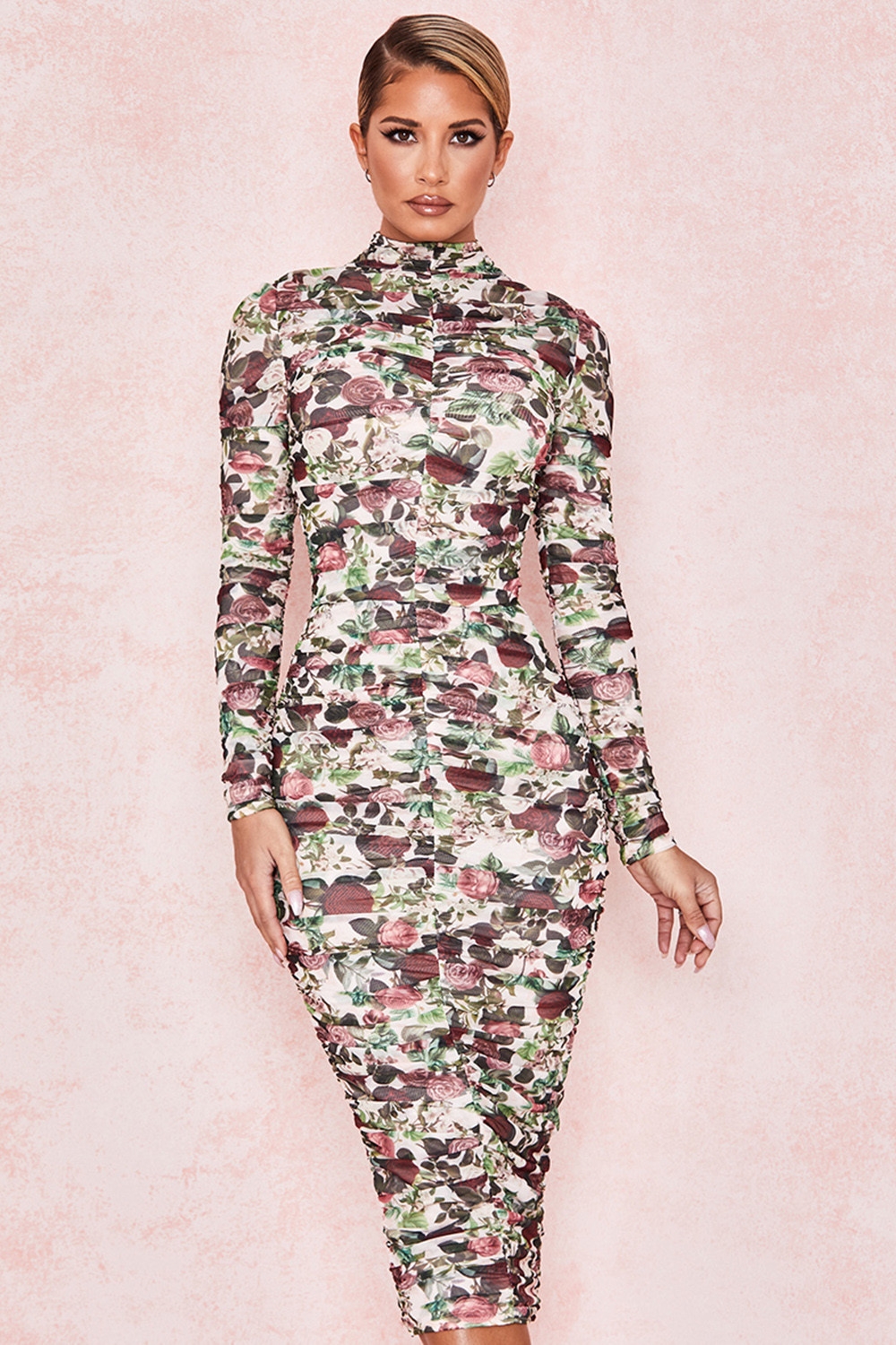 knee length dresses for ladies Cowl Neck Floral Ruched Midi Dress – Highly Praise main image 0