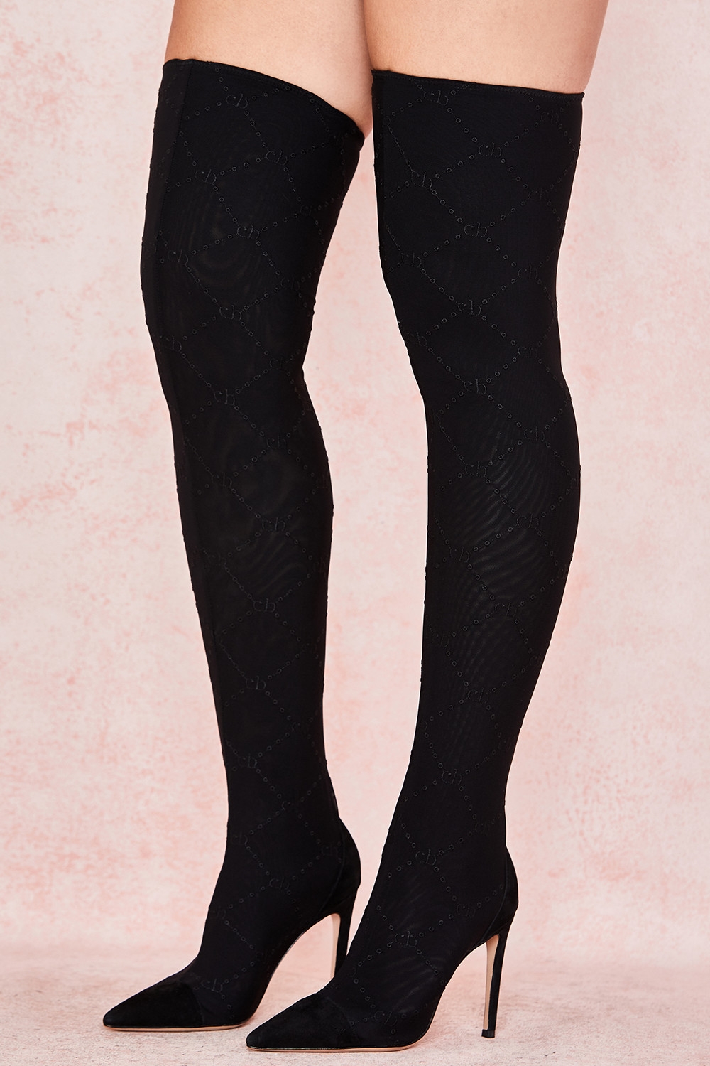 Escape, Black Mesh Monogrammed Thigh Boots