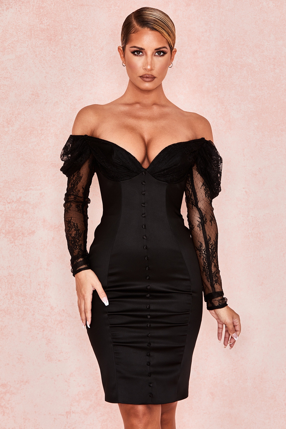 Clothing : Bodycon Dresses : 'Dominique' Black Off Shoulder Corset Dress