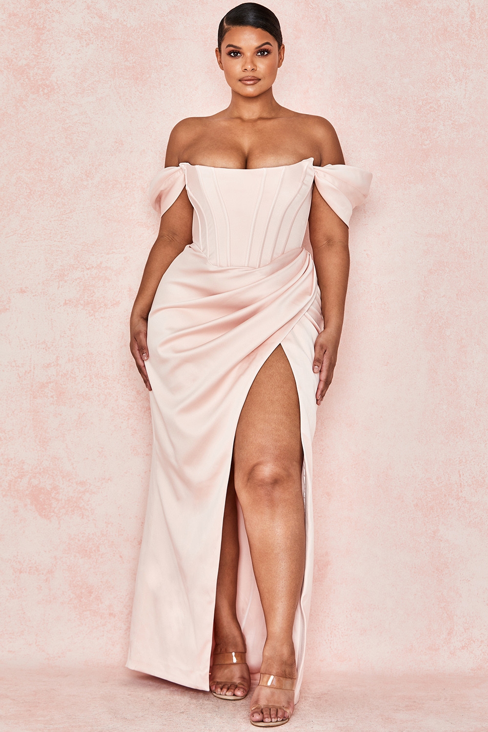 Genevieve  Blush Satin Off Shoulder Gown — image 3