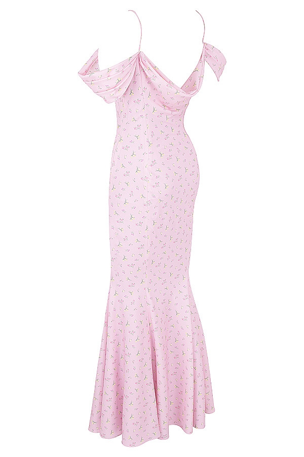 Clothing : Maxi Dresses : 'Elodie' Pink Floral Draped Maxi Dress