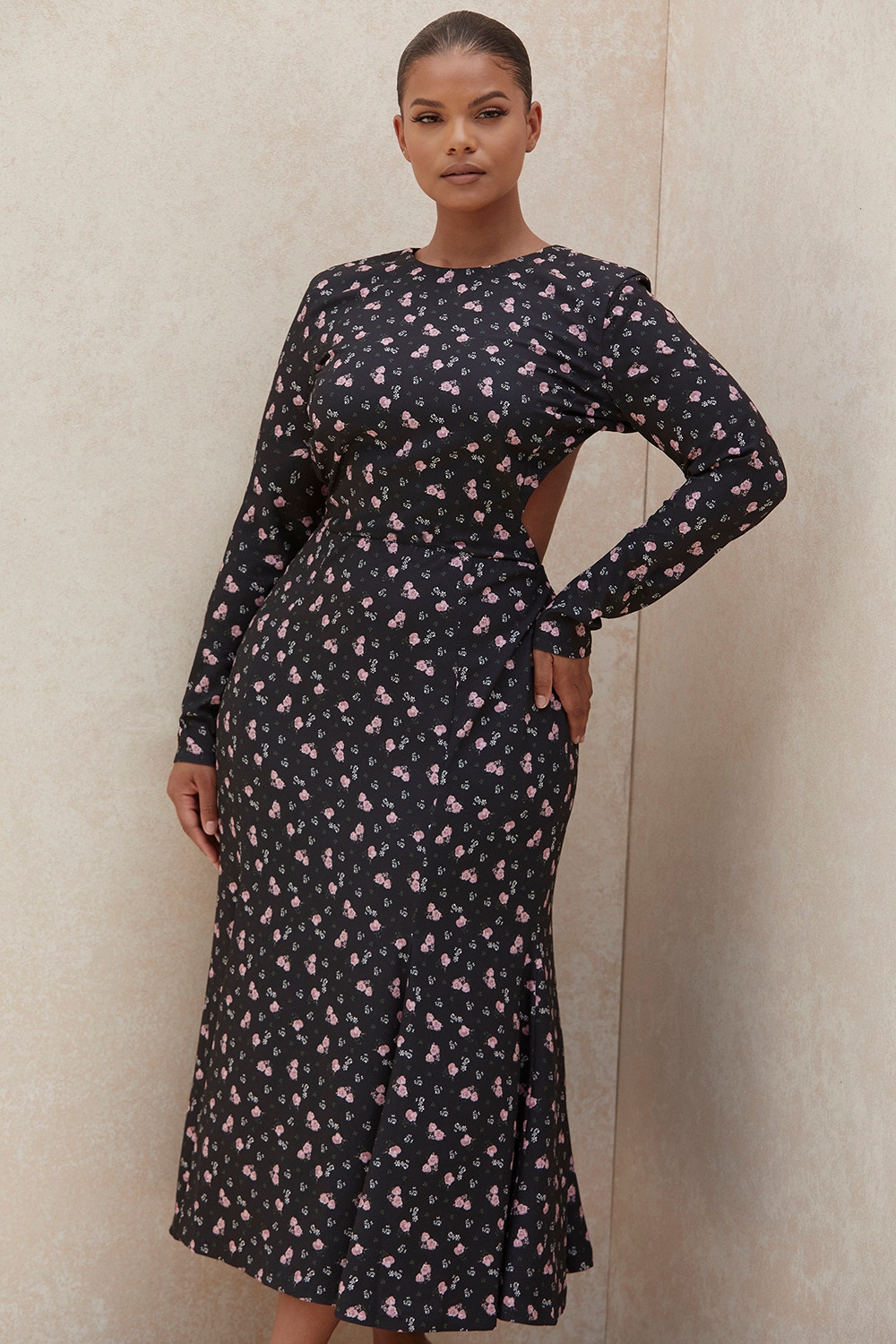Clothing : Midi Dresses : 'Octavia' Black Floral Backless Midi Dress