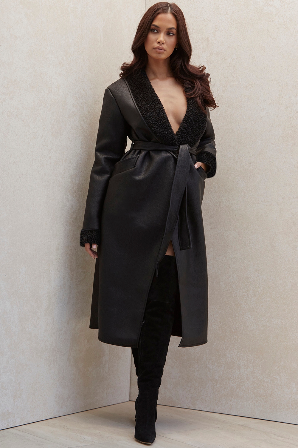 Saint, Black Vegan Shearling Wrap Coat - SALE