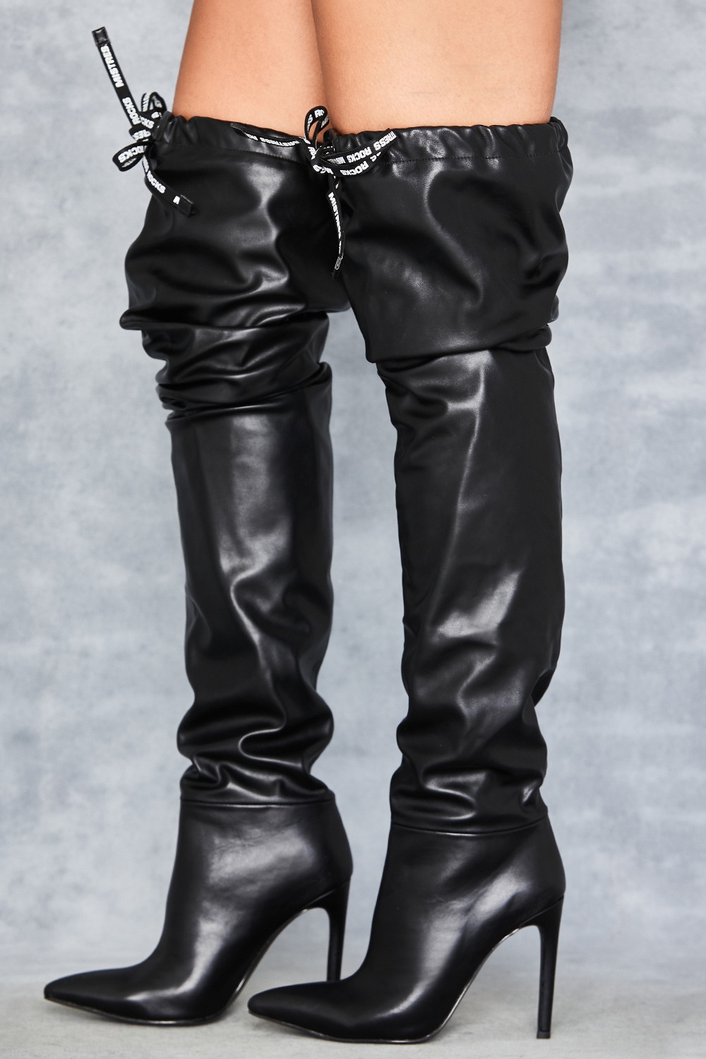 Perfection,Mistress Rocks  Black Over Knee Drawstring Boots - SALE