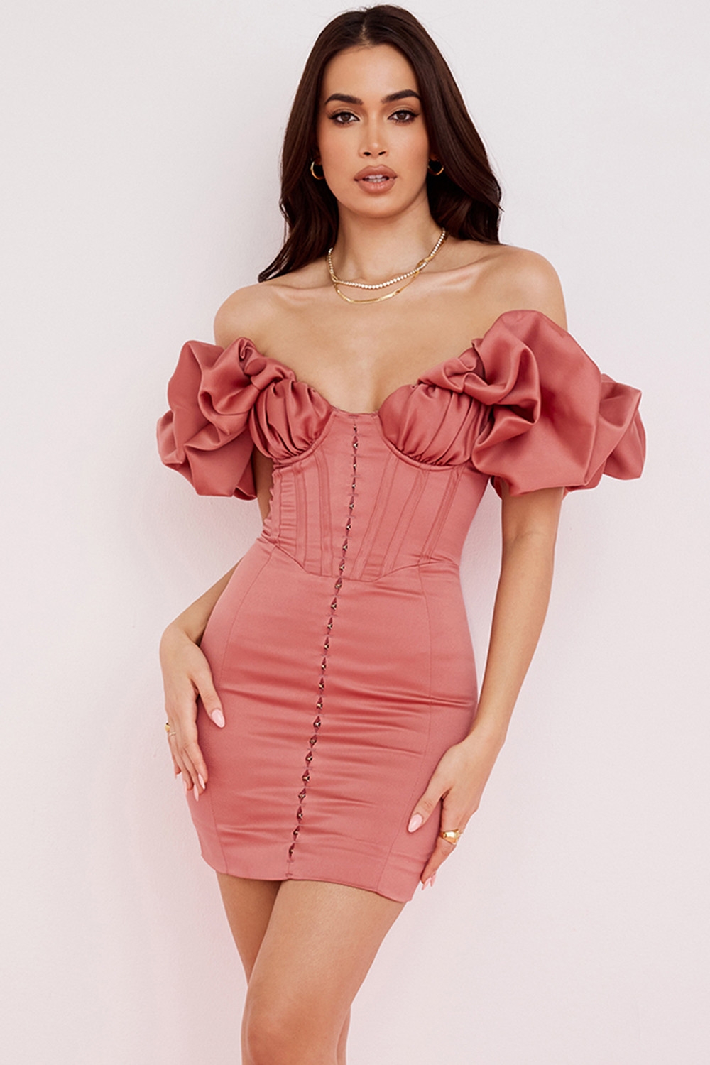 Annabelle, Rose Satin Ruffle Strapless Dress