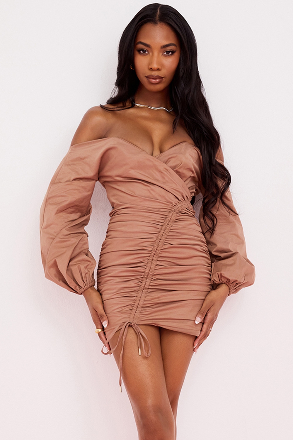 Indra, Mocha Off The Shoulder Wrap Mini Dress - SALE