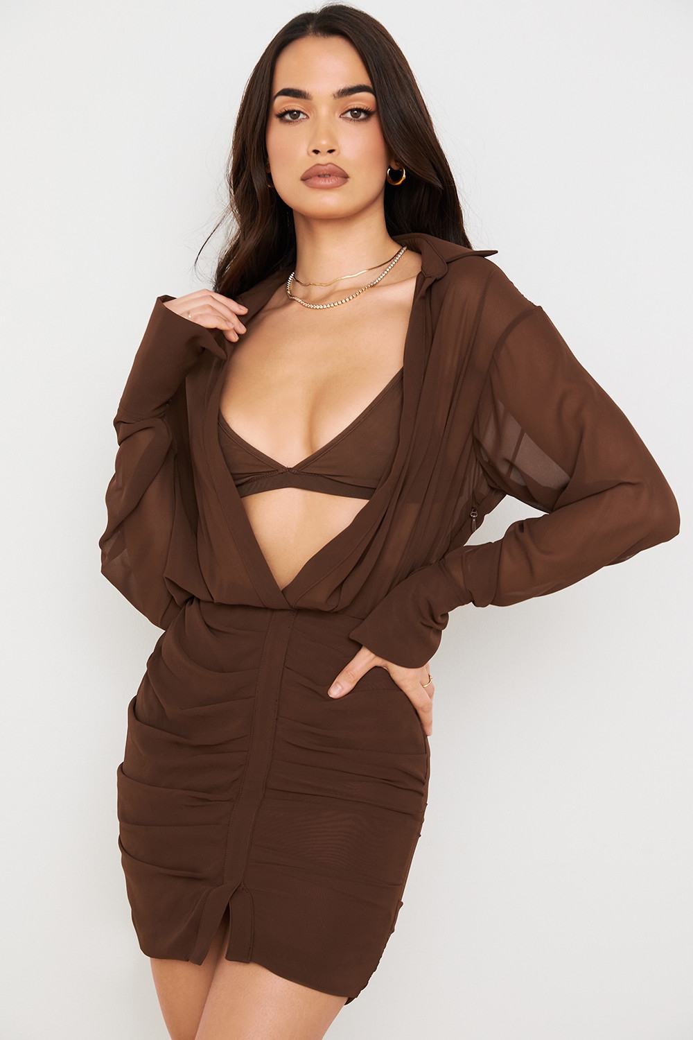 Cleo, Chocolate Chiffon Shirt Dress And Bralette - SALE