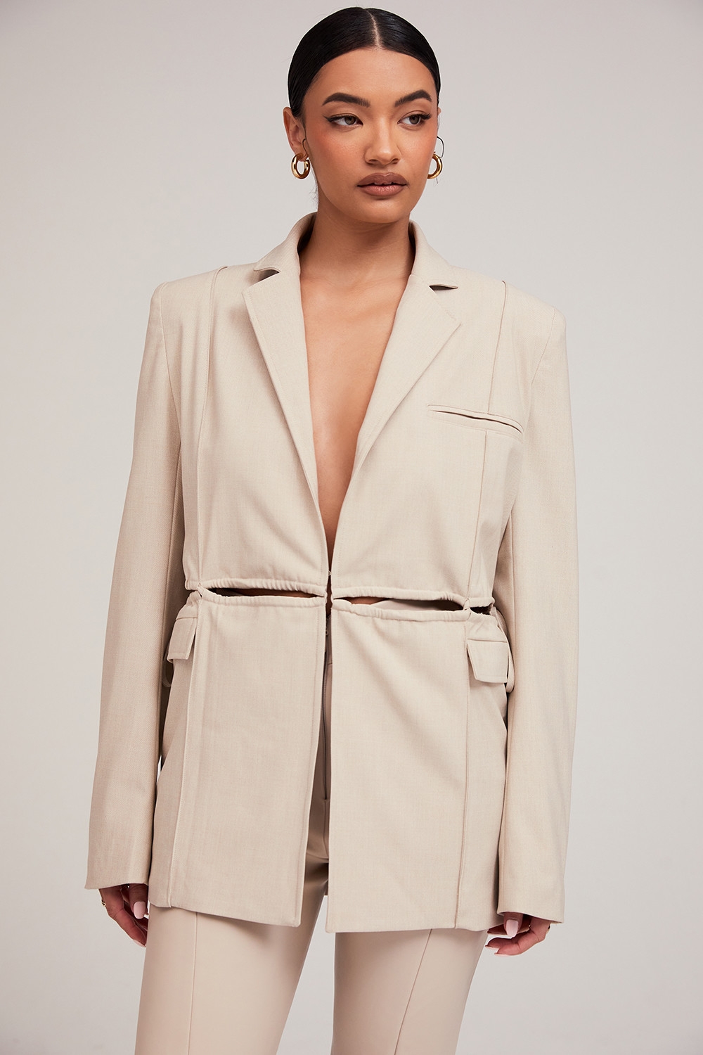 Power Play,Mistress Rocks  Beige Drawstring Blazer