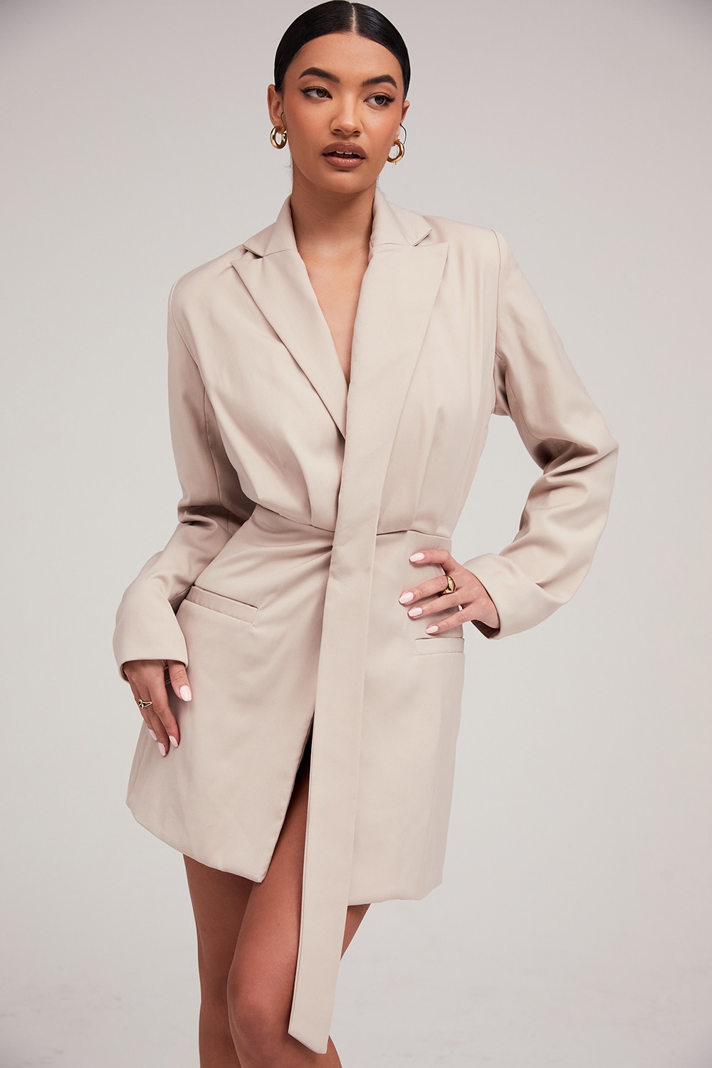 Time Out,Mistress Rocks  Beige Lapel Wrap Jacket Dress