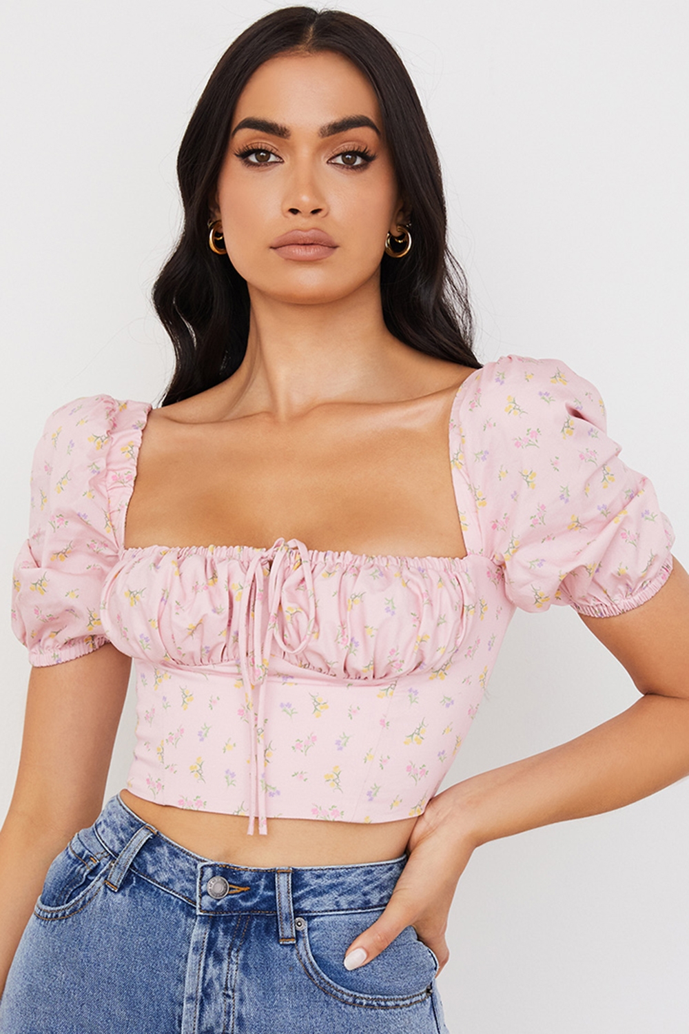 Arianna, Pink Floral Puff Sleeve Corset - SALE