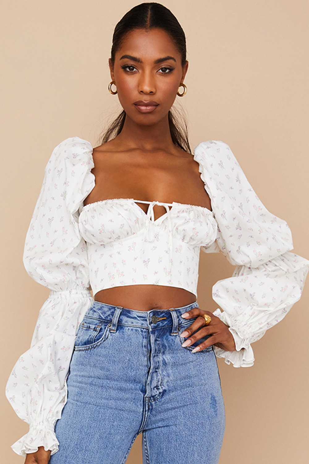 Millicent, White Floral Cropped Corset Top - SALE