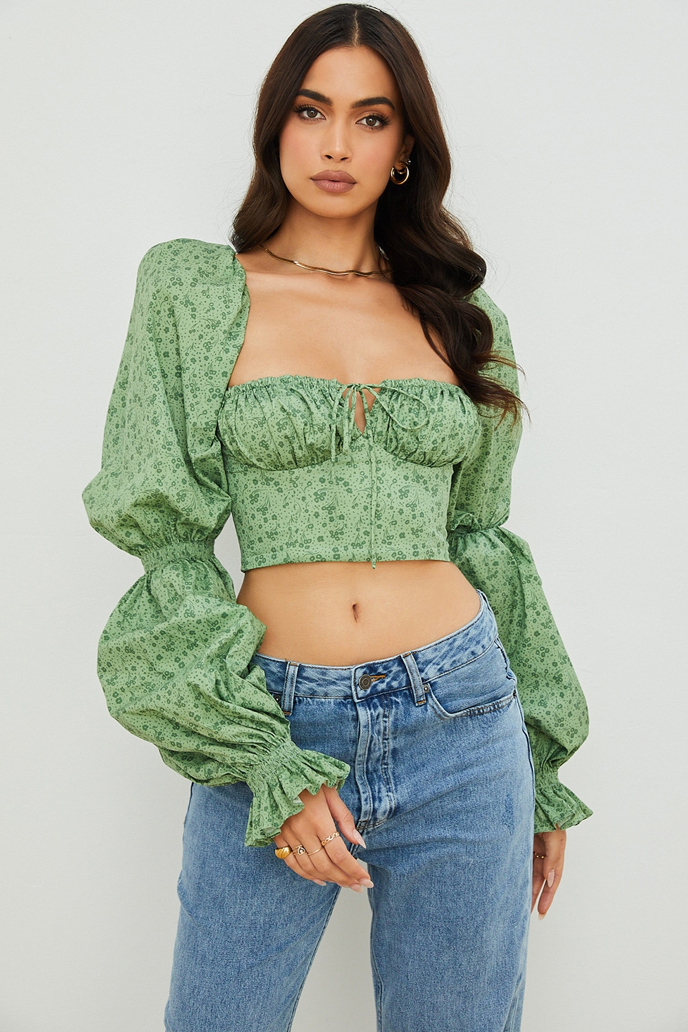 Millicent, Green Tonal Floral Cropped Corset Top - SALE
