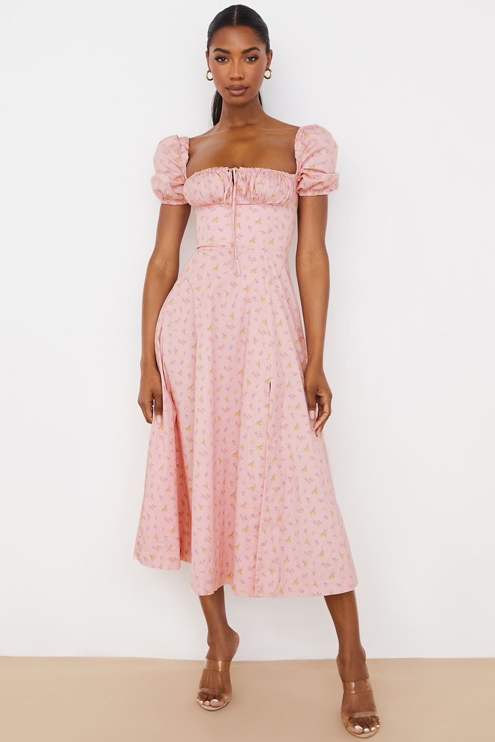 Tallulah, Pink Floral Puff Sleeve Midi Dress - SALE
