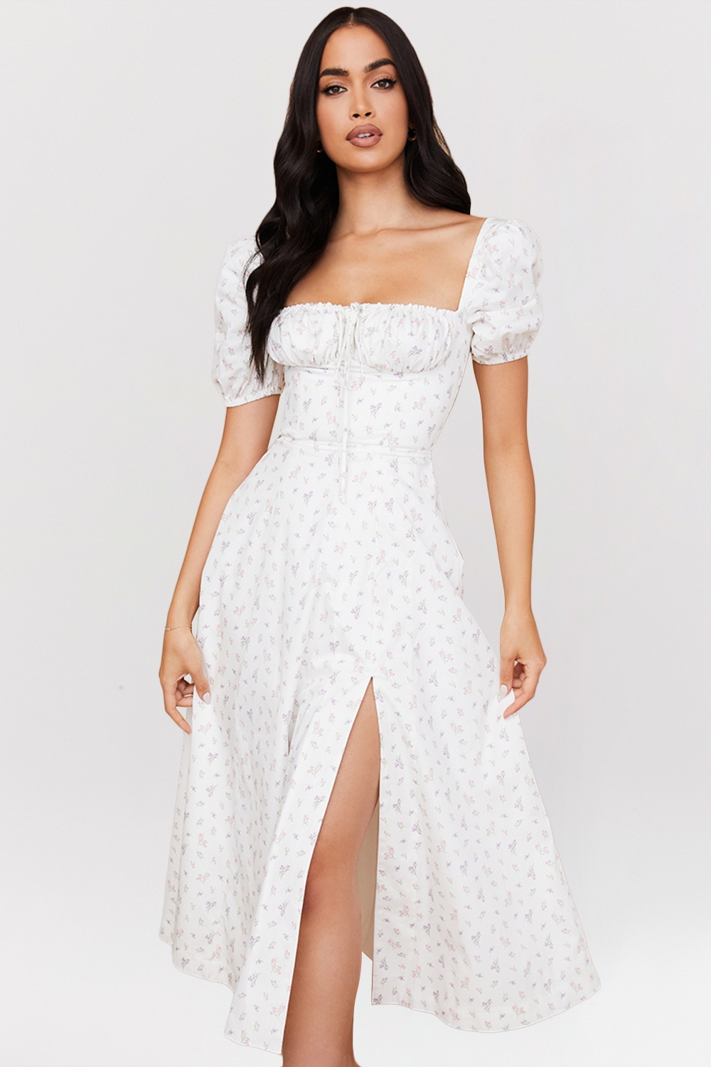 Tallulah, White Floral Puff Sleeve Midi Dress - SALE