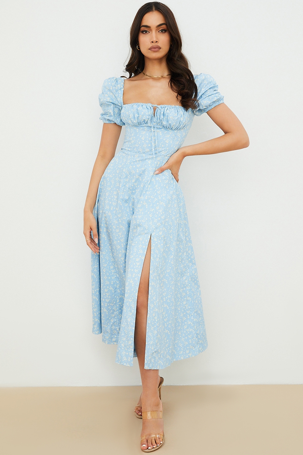 Tallulah, Blue Ivory Floral Puff Sleeve Midi Dress