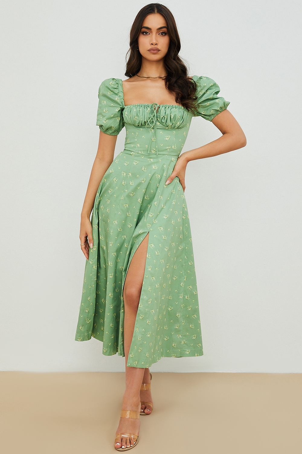 Tallulah, Olive Floral Puff Sleeve Midi Dress