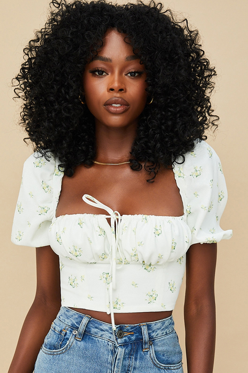 Arianna, Ivory Floral Puff Sleeve Cropped Top - SALE
