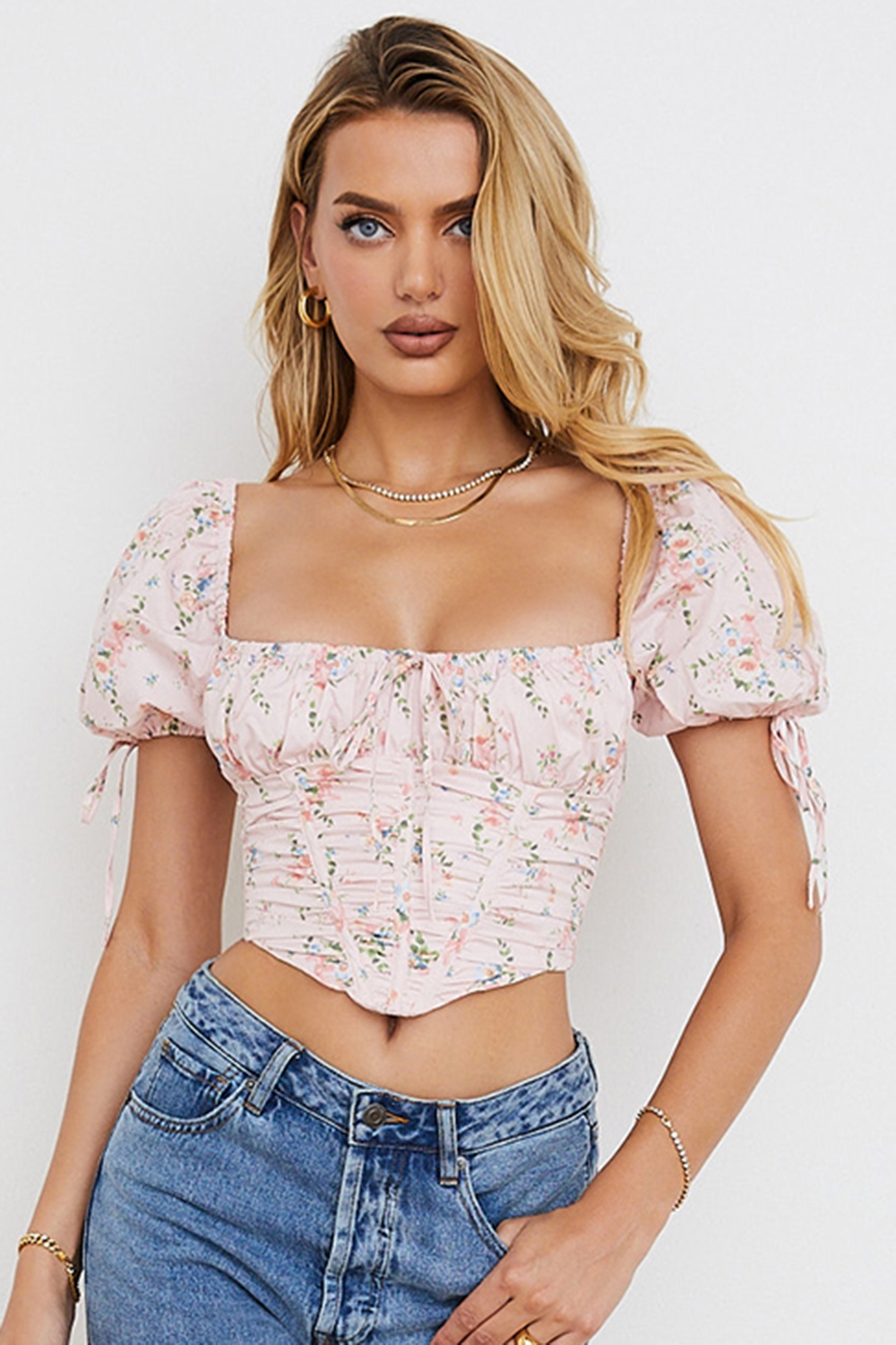 Gracie, Pink Floral Puff Sleeve Corset Top - SALE