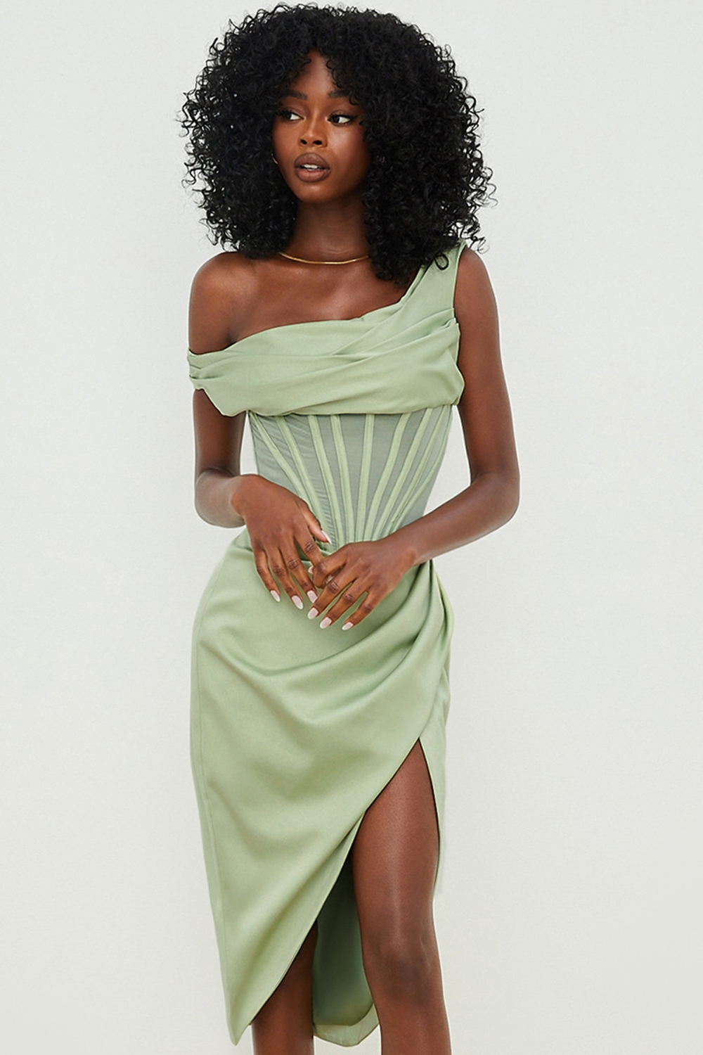 Lulu, Pistachio Asymmetric Drape Midi Corset Dress - SALE