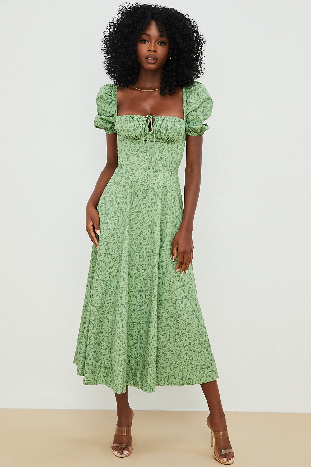 Tallulah, Green Tonal Floral Puff Sleeve Midi Dress