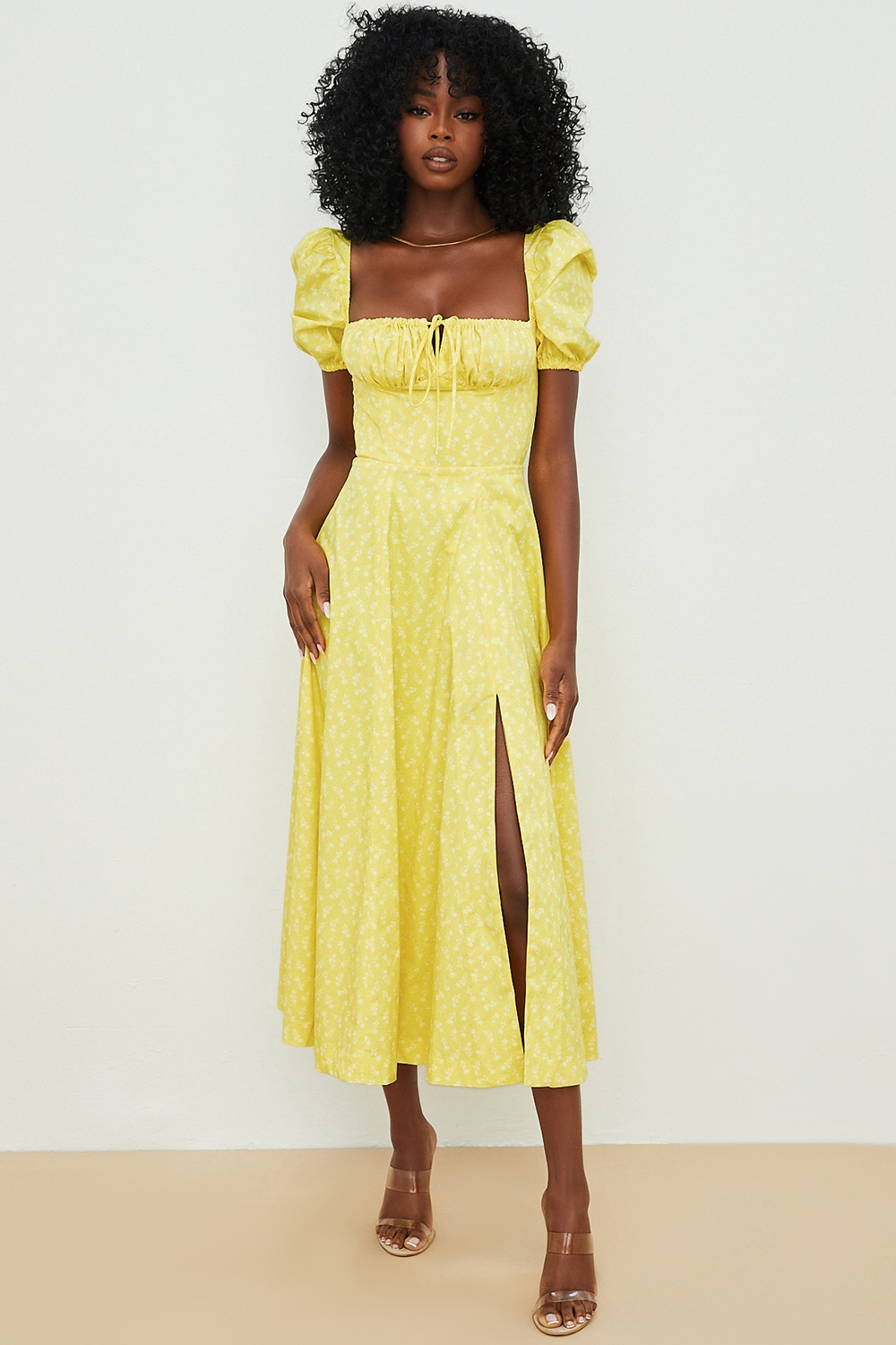 Tallulah, Yellow Floral Puff Sleeve Midi Dress - SALE