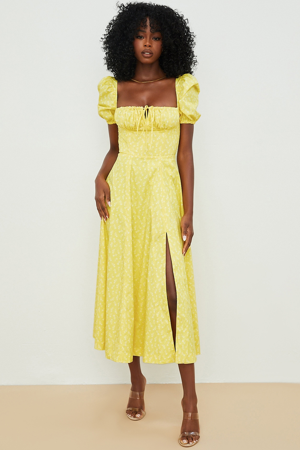 Tallulah, Yellow Floral Puff Sleeve Midi Dress