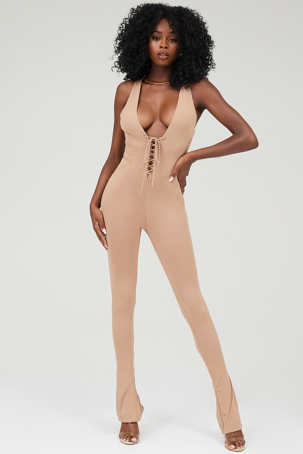 Urban,Mistress Rocks  Taupe Jersey Lace Up Jumpsuit