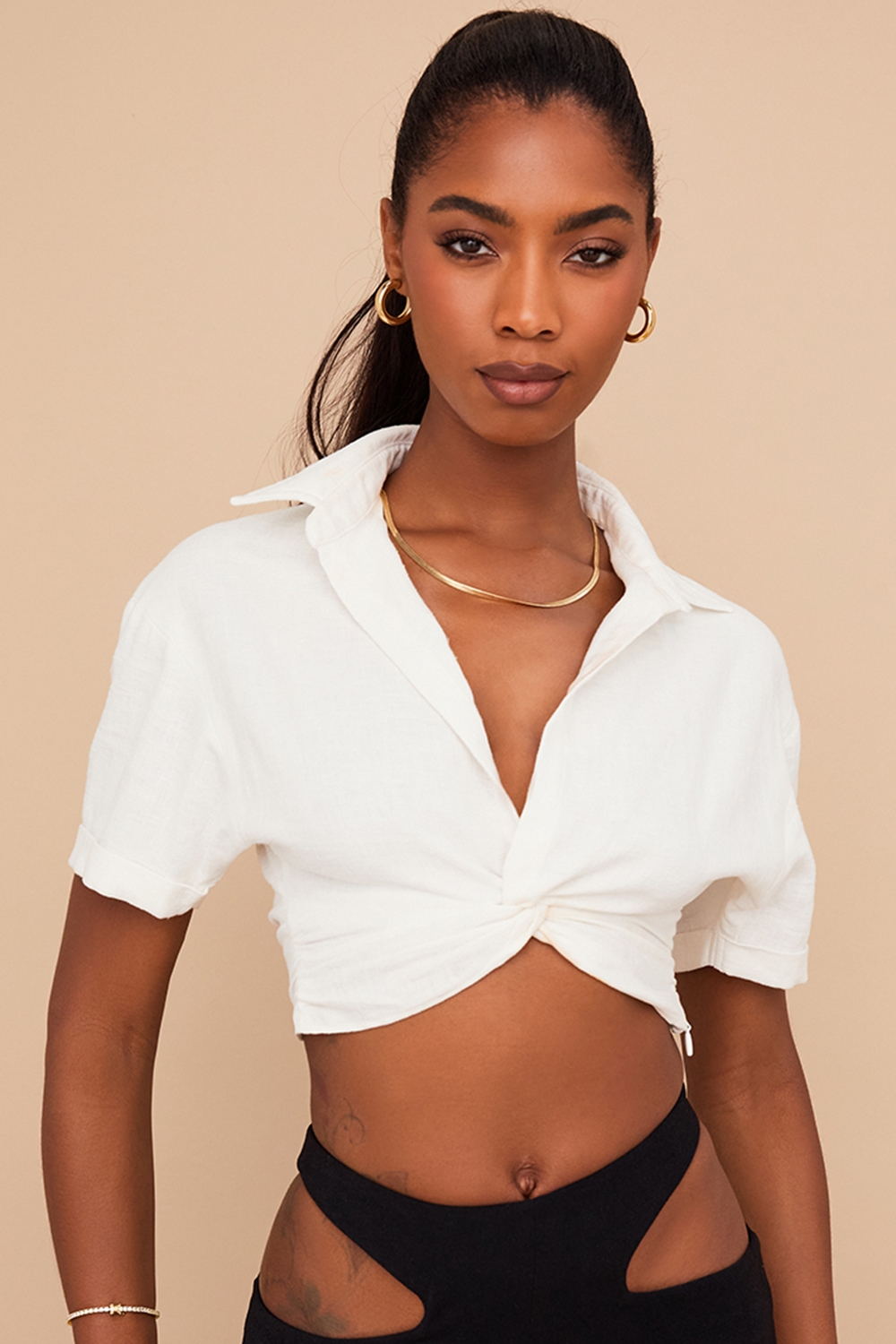 Remi, White Twist Front Crop Shirt