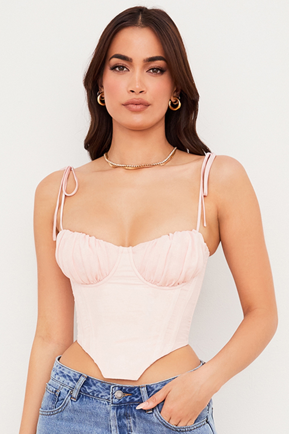 Willow, Baby Pink Chiffon Gathered Bust Cropped Corset - SALE