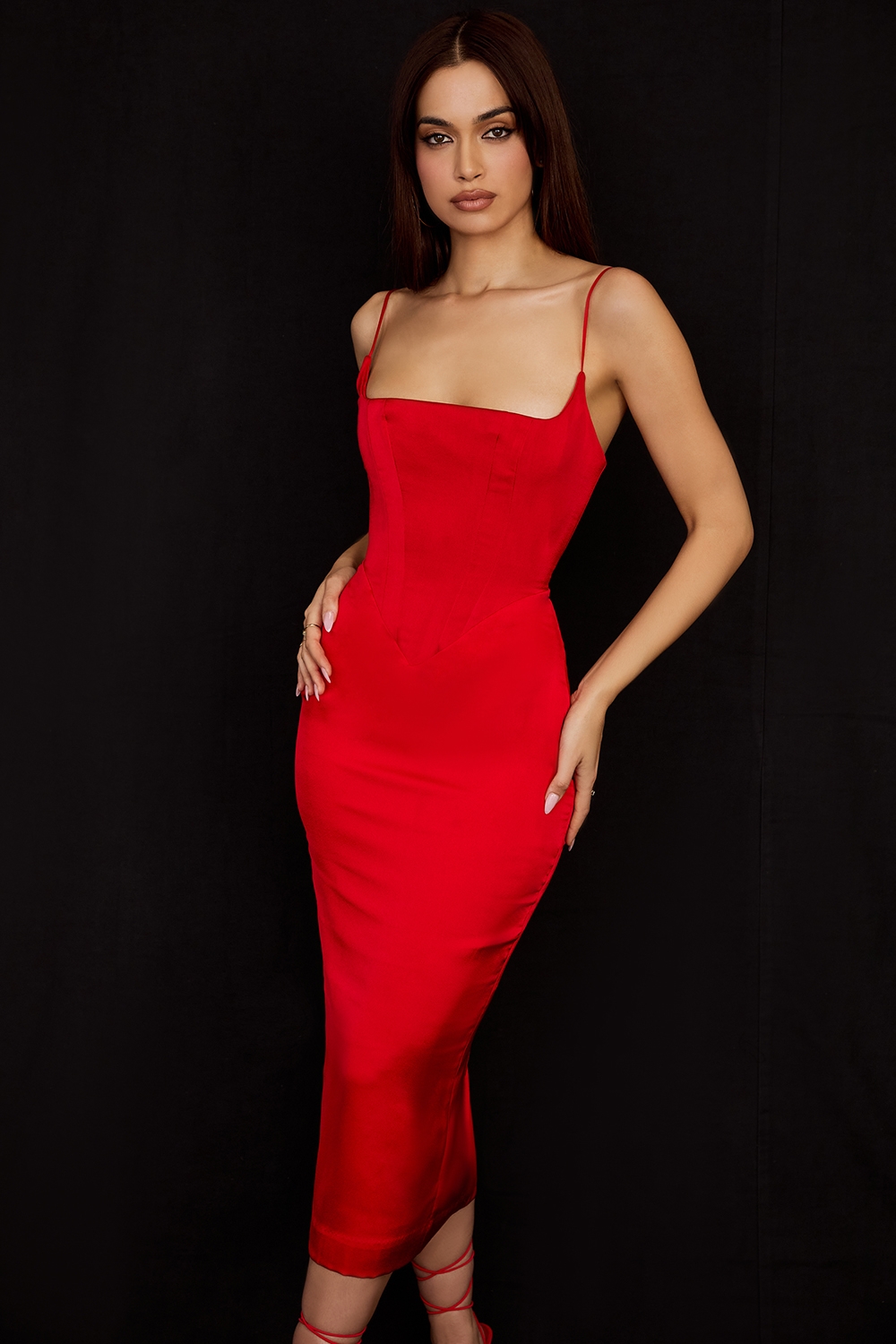 Anais, Scarlet Satin Corset Midi Dress - SALE