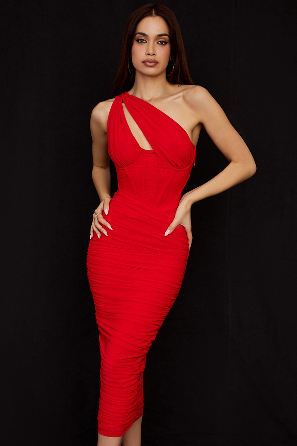 Valentina, Scarlet Asymmetric Cutout Midi Dress - SALE