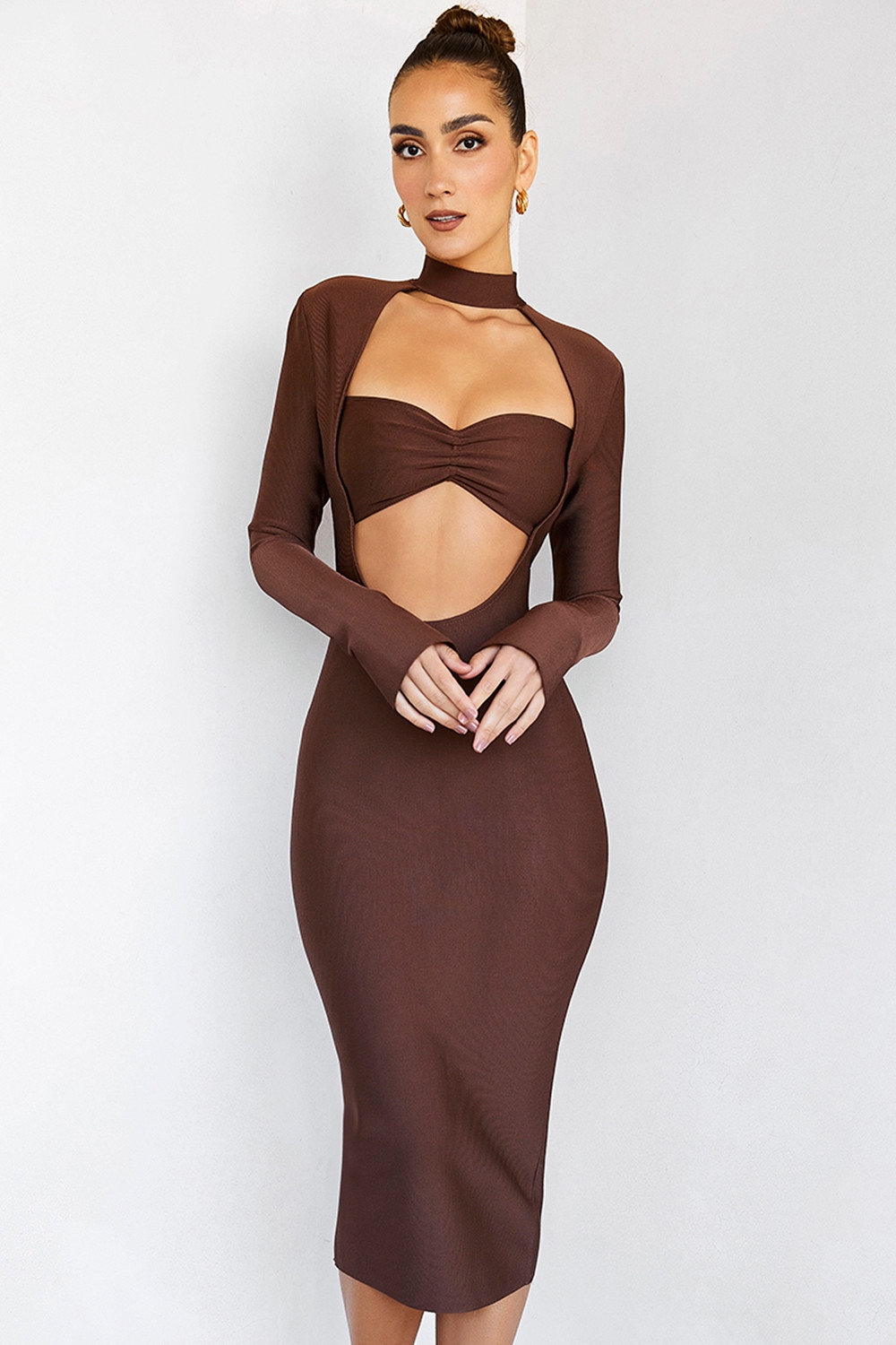 Implications,Mistress Rocks  Chocolate Bandage Cutout Midi Dress