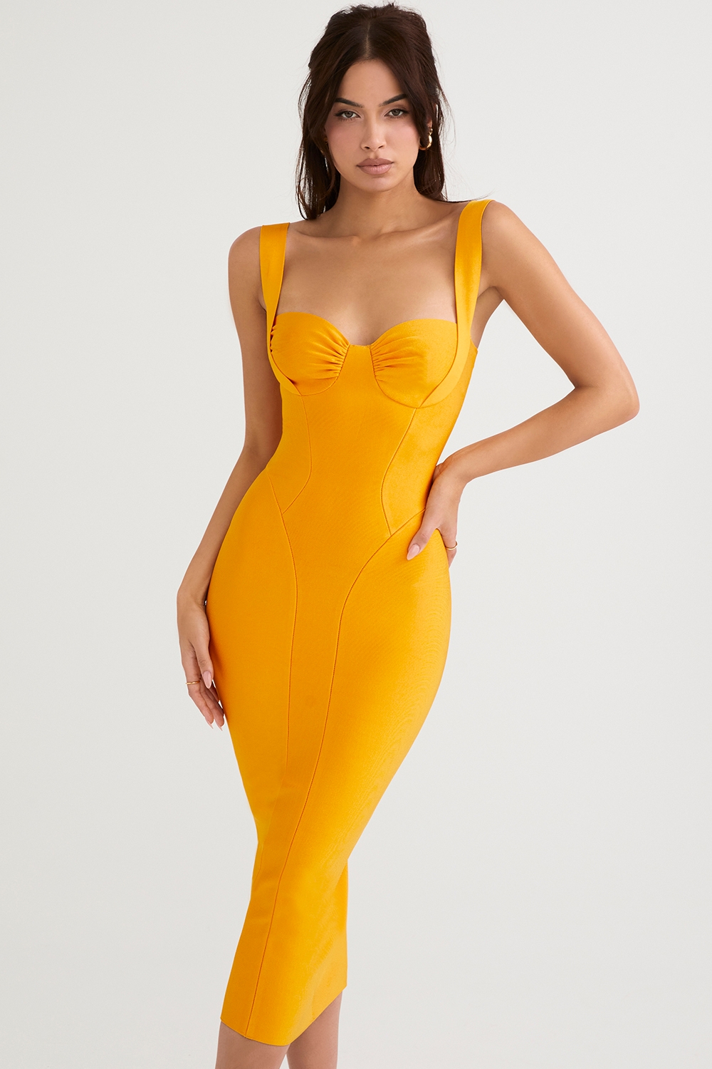 Charlene, Tangerine Bandage Midi Dress