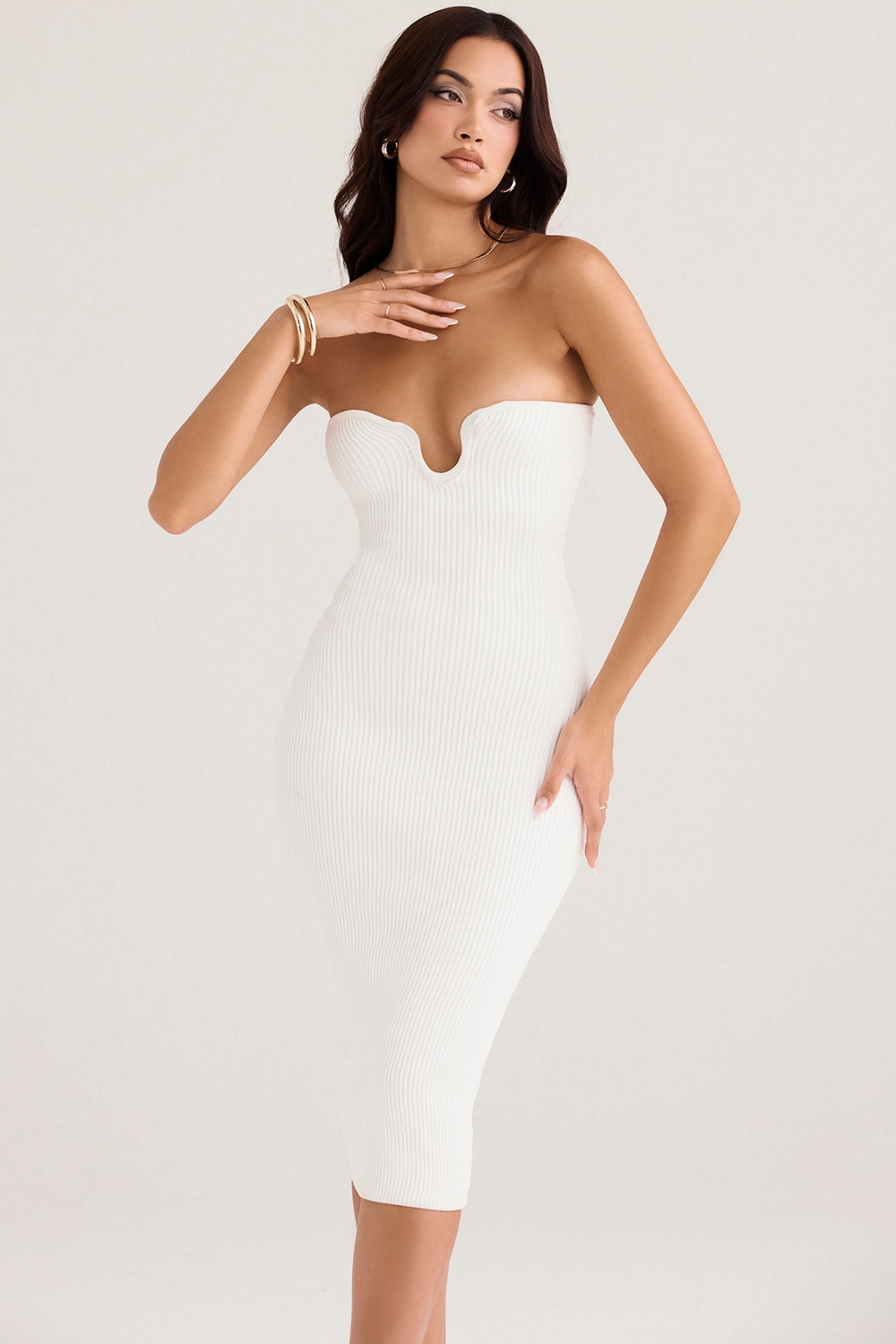 Oriana, White Ribbed Knit Strapless Midi Dress