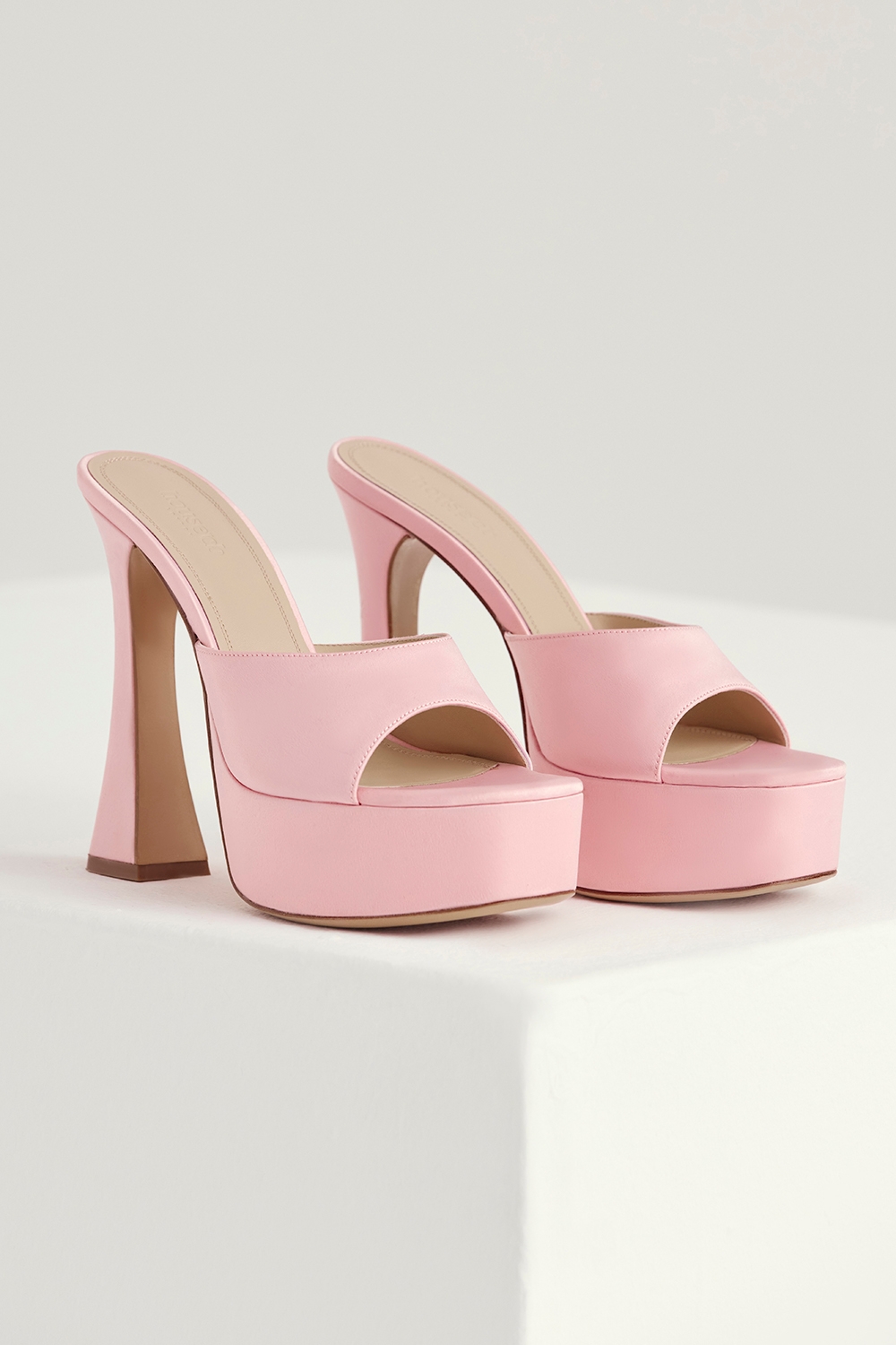 Alessandra, Pink Satin Platform Mules