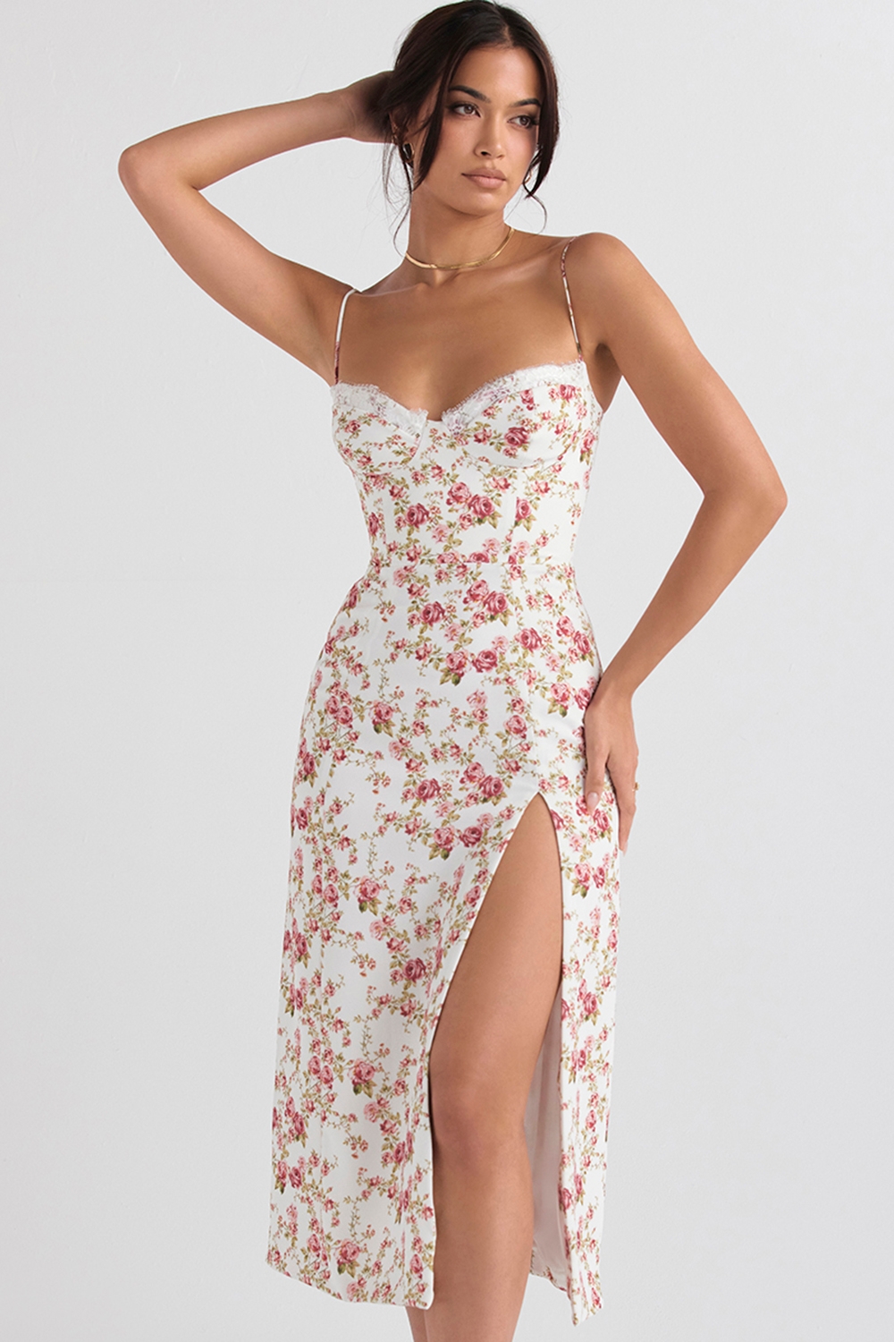 Charlotte, Rose Print Corset Midi Sundress