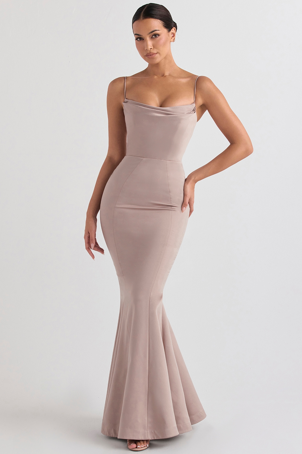 Violette, Mushroom Satin Fishtail Gown