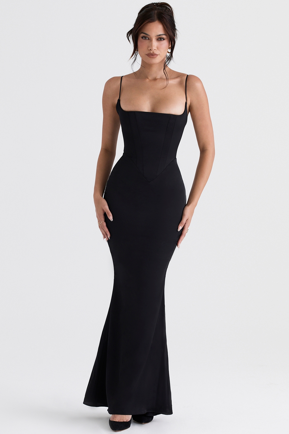 Olivette, Black Satin Corset Maxi Dress