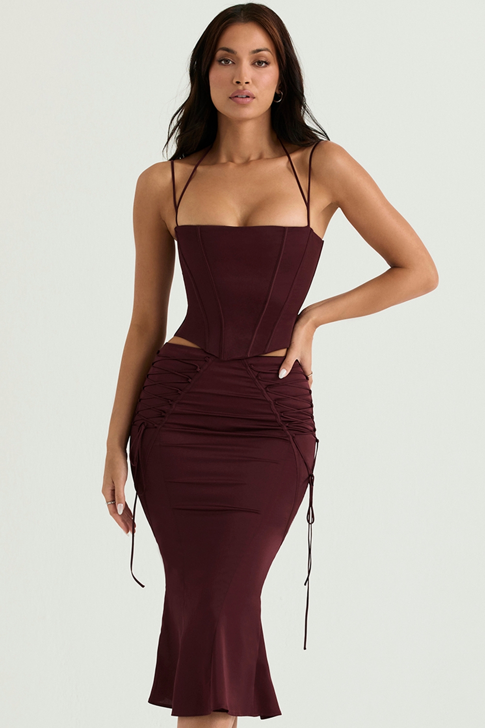 Sidonie, Wine Satin Lace Up Midi Skirt