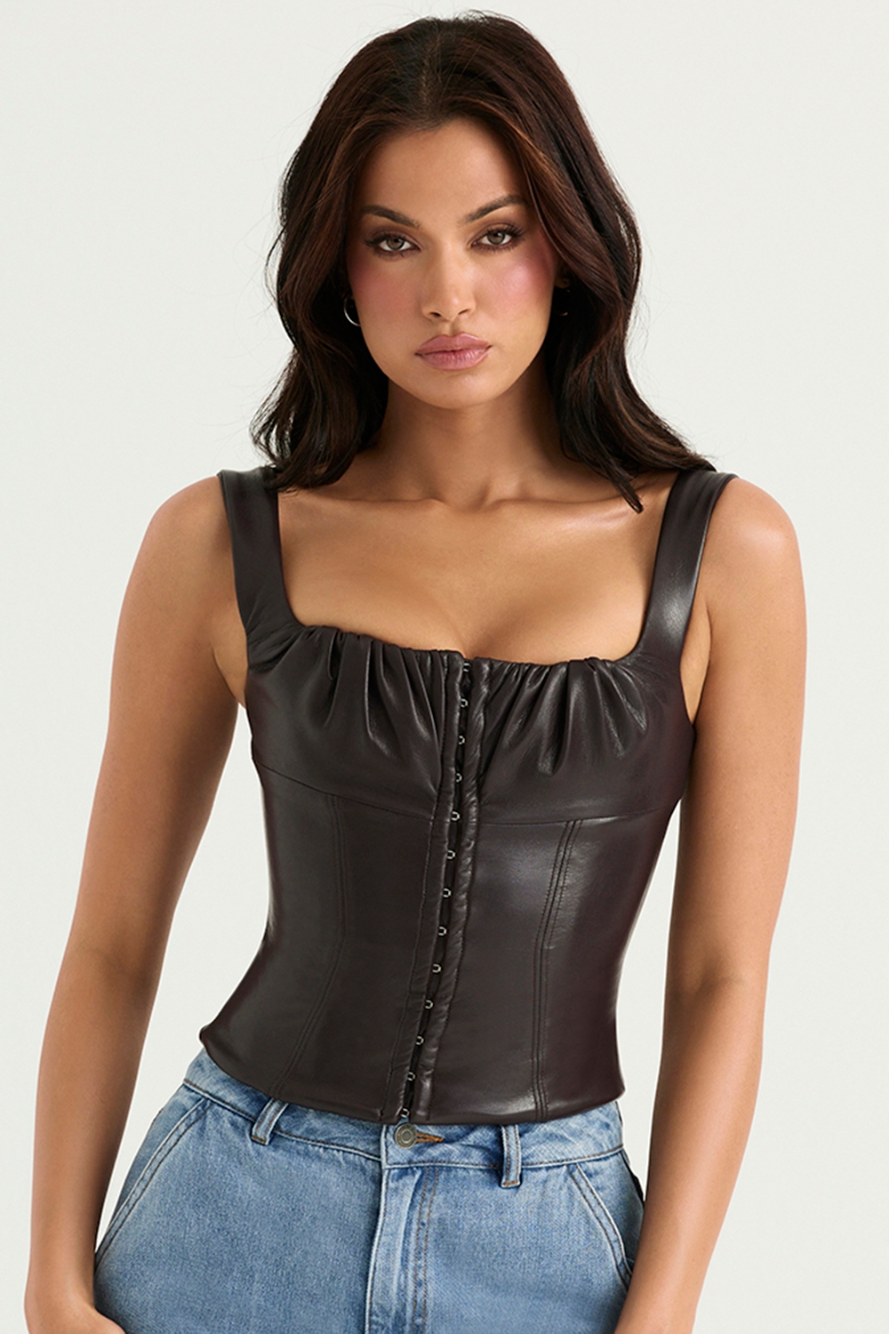 James, Bitter Chocolate Vegan Leather Corset