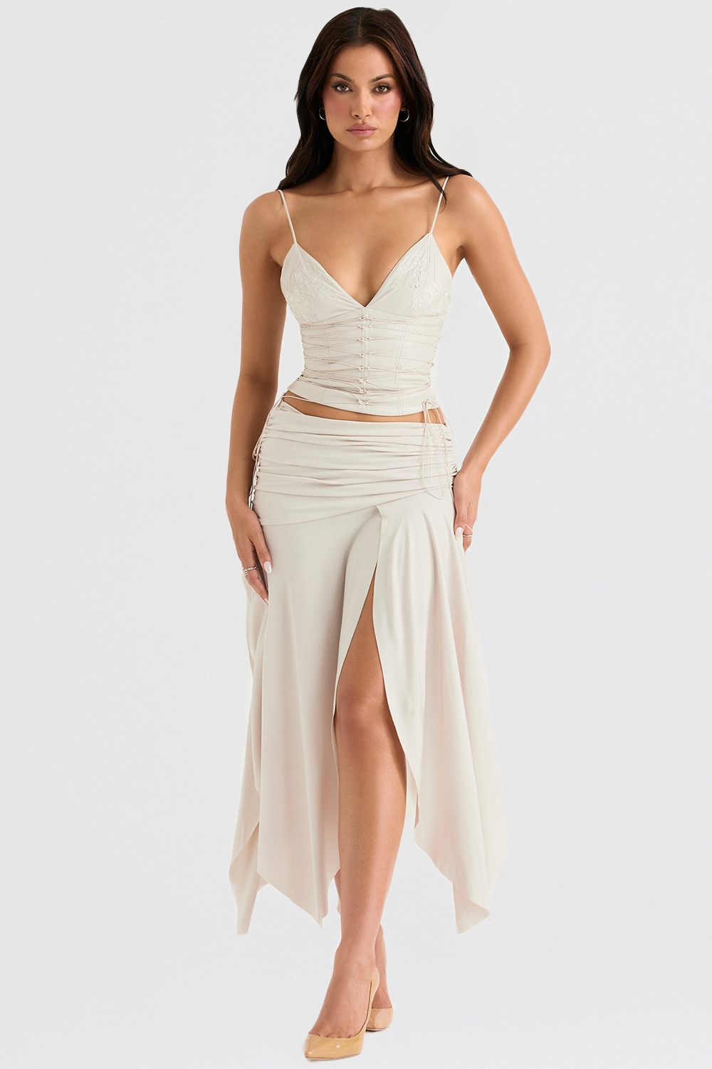 Kaira, Off White Draped Midi Skirt