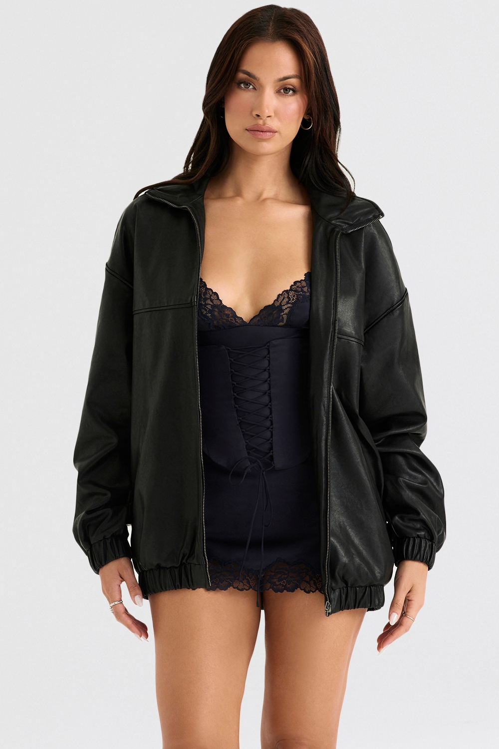 Larissa, Black Vegan Leather Oversized Bomber Jacket