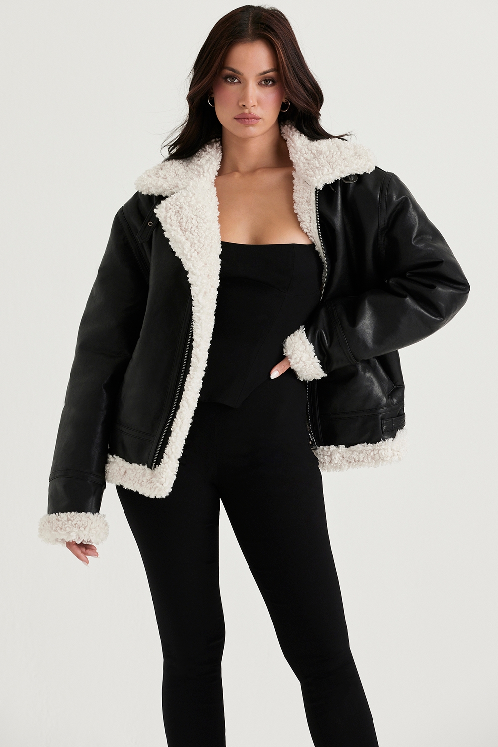 Madden, Black Vegan Shearling Aviator Jacket - SALE