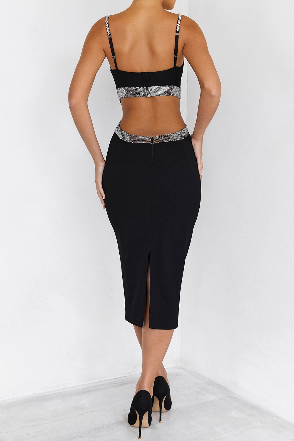 Mistress Rocks Black Crystal Trim Midi Dress - SALE-4