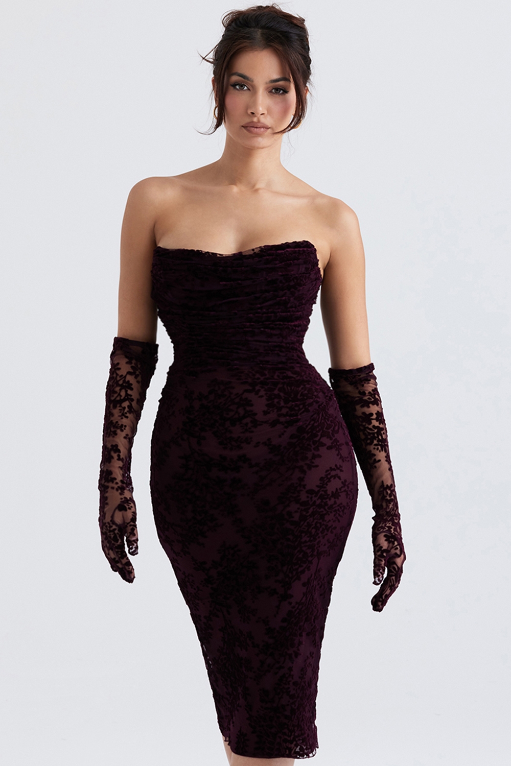 Isadora, Black Cherry Devore Corset Dress