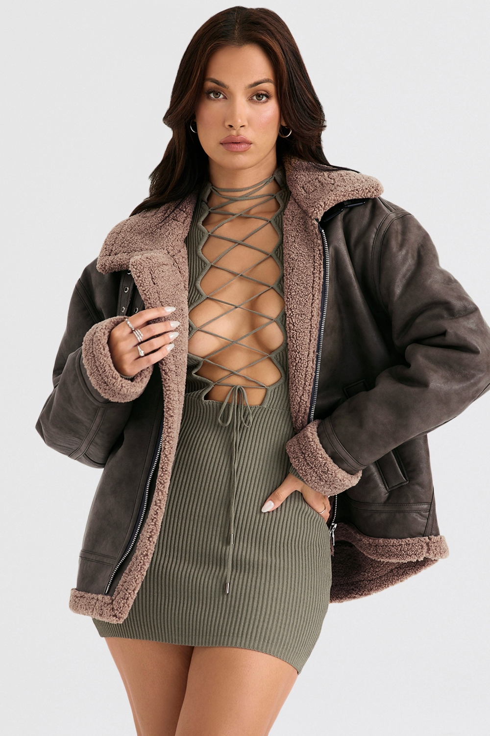 Madden, Army Green Vegan Shearling Aviator Jacket - SALE