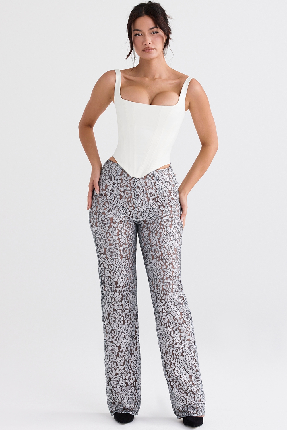 Mara, Silver Metallic Lace Trousers - SALE