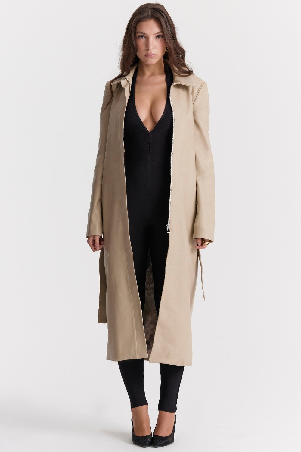 Ariel, Beige Vegan Leather Trench Coat