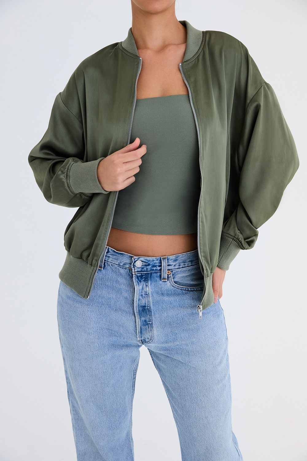 ,Mistress Rocks Bay Leaf Satin Bomber Jacket